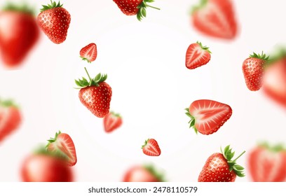 3d realistic vector illustration banner. Falling red strawberries banner. Isolated on white background.