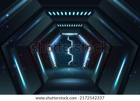 3d realistic vector illustration banner. Sliding hexagonal opening doors with neon lights and corridor. 