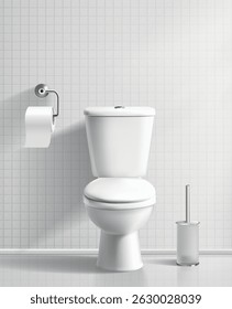 3d realistic vector illustration. Bathroom toilet room interior with toilet bowl and paper roll.