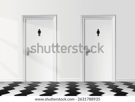 3d realistic vector illustration. Bathroom toilet room interior with two white door and sign ladies and gentelmens toilet.