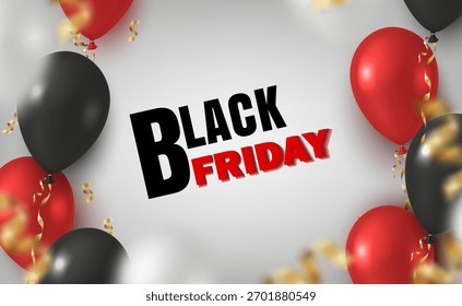 Ilustración vectorial realista en 3D. Anuncio Black Friday con globos y confeti en negro, rojo y blanco.