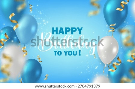 3d realistic vector illustration. Celebration Happy birthday boy banner with blue balloons and gold confetti ribbon. 