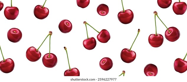 3d realistic vector illustration. Cherry seamless horizontal  pattern.