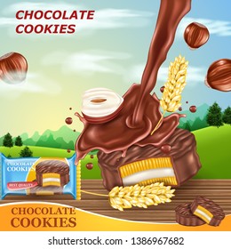 3d realistic vector illustration. Chocolate cookies with weats and nuts.