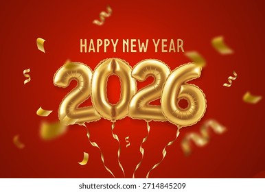 Ilustración vectorial realista en 3D. Anuncio de Navidades con números dorados de 2026 y confeti dorado sobre fondo rojo.