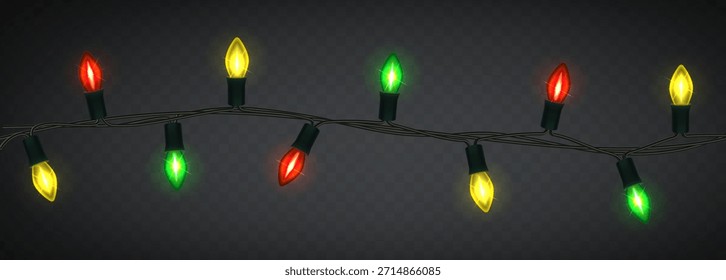 Ilustración vectorial realista en 3D. Navidades coloridas luces brillantes en color rojo, verde y amarillo.