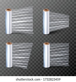 3d realistic vector illustration of a cling paper for packaging in four different view. Isolated on transparent background.