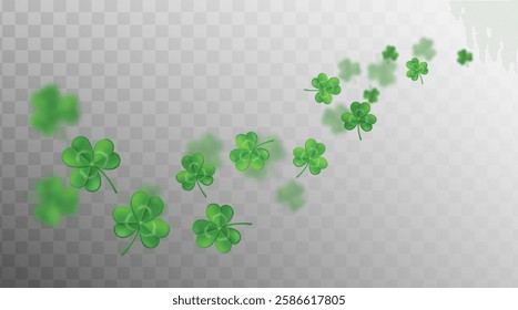 3d realistic vector illustration. Clover shamrock irish pattern. St. Patrick's day background. Flying green shamrocks on  transparent background. 