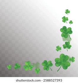 3d realistic vector illustration. Clover shamrock irish frame angle. St. Patrick's day background. Flying green shamrocks on  transparent background. 