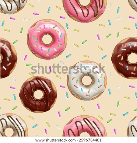 3d realistic vector illustration. Colorful doughnuts with chocolate glaze pattern with sprinkles.