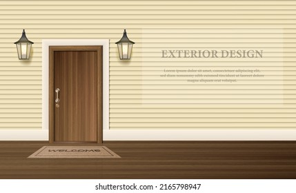 3d realistic vector illustration. Countryside house entrance with wall hanging lamps and light with wooden wall.