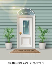 3d realistic vector illustration. Countryside entrance with floor plants and white wooden door.