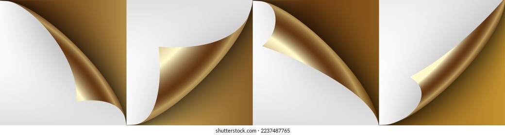 3d realistic vector illustration. Curled golden  paper corners.
