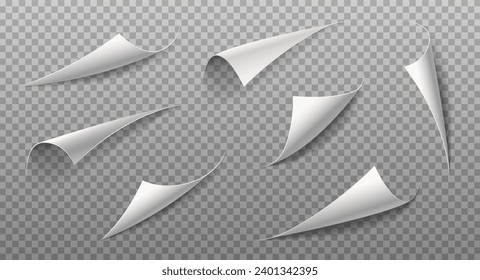 3d realistic vector illustration. Curled paper page corners on transparent background with shadow