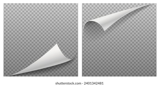 3d realistic vector illustration. Curled paper corners on transparent background.