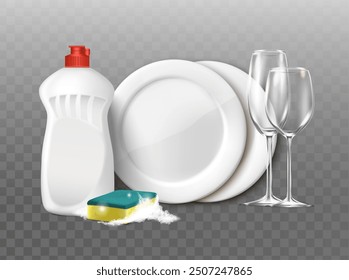 3d realistic vector illustration. Dish washing liquid, sponge and dishes with glasses. Isolated.