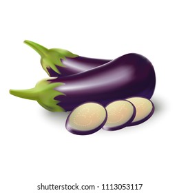 3d realistic vector illustration, eggplants and sliced eggplant.