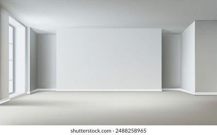 3d realistic vector illustration. Empty white room interior with big window and empty wall for precentation space.