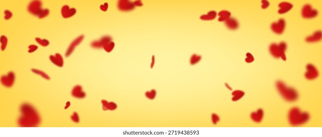 3d realistic vector illustration. Falling red hearts on a yellow background. Horizontal banner.