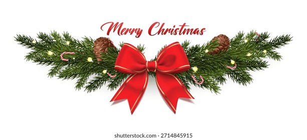 Ilustração de vetor 3d realista. Fir árvore grinalda de Natal com pinheiros e bengalas e luz brilhante com fita sedosa vermelha no fundo branco.