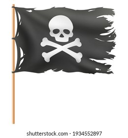 3D realistic vector Illustration, flying pirate flag. Skull with bones, jolly roger. Isolated on White Background.