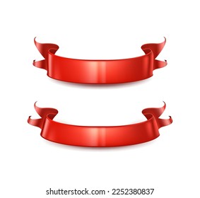 3d realistic vector illustration. Glossy red velvet ribbons. Isolated on white background.