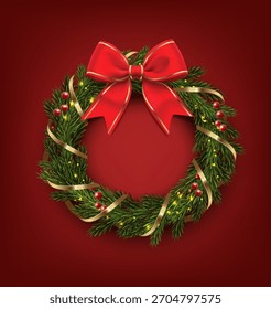 Ilustración vectorial realista en 3D.  Corona de abeto de Navidades verdes con lazo de seda roja y cintas doradas con luces brillantes sobre fondo rojo.