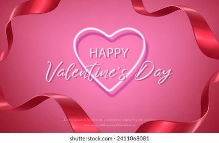 3d realistic vector illustration. Happy Valentine’s Day banner. Neon glow heart with ribbons on pink background.