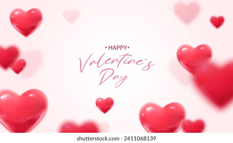 3d realistic vector illustration. Happy Valentines banner with red hearts.