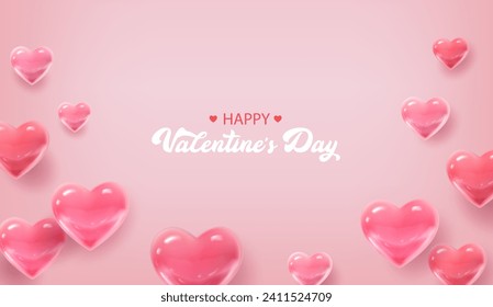 3d realistic vector illustration. Happy Valentine’s Day banner. Pink hearts on light background.