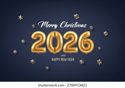 3d realistische Vektorgrafik. Frohes Neues Jahr und Weihnachtsfeier Banner mit 2026 Neujahr golden aufgeblasenen Ballonnummern mit Schneeflocken auf dunklem Hintergrund.