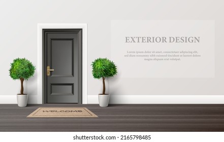 3d realistic vector illustration. House entrance door with floor plants. Modern exterior design. 