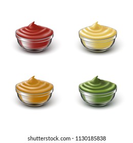 3d realistic vector illustration, icon set of transparent bawls with different causes: ketchup, mayonnaise, mustard and pesto.