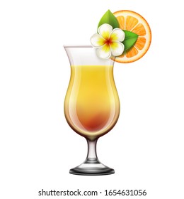 3d realistic vector illustration isolated on white background. Tropical beach cocktail with a slice of orange, and plumeria flower.