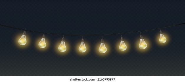 3d realistic vector illustration. Light bulbs of garland  on transparent background.
