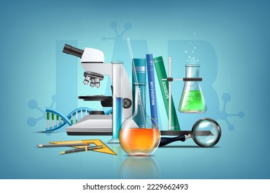 3d realistic vector illustration. Molecular bio technologies in laboratory glassware, tubes and beakers, microscope. Biology and medicine.