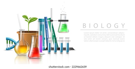 3d realistic vector illustration. Molecular bio technologies in laboratory glassware, tubes and beakers. Biology and medicine.