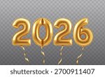 3d realistic vector illustration. Numbers 2026 New Year, golden balloons. Isolated on transparent background.
