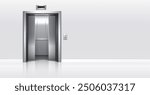 3d realistic vector illustration.  office building elevator with half closed doors and white walls corridor.
