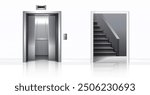 3d realistic vector illustration. office building elevator with half closed doors, white walls and stairs. 