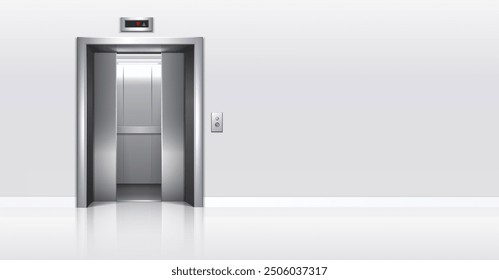 3d realistic vector illustration.  office building elevator with half closed doors and white walls corridor.