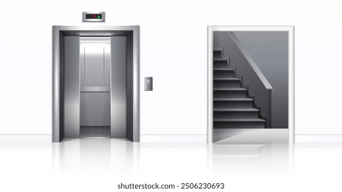 3d realistic vector illustration. office building elevator with half closed doors, white walls and stairs. 