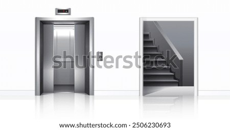 3d realistic vector illustration. office building elevator with half closed doors, white walls and stairs. 