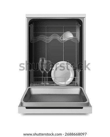 3d realistic vector illustration. Open dishwashing machine with white plates and glasses inside. Isolated on white background.