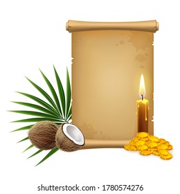 3D-realistische Vektorgrafik. Papyrus-Piratenrollen, Kerzen- und Goldmünzen sowie tropische Flora. Einzeln auf weißem Hintergrund.