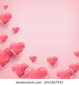 3d realistic vector illustration. Pink red hearts on background. Square valentines banner.