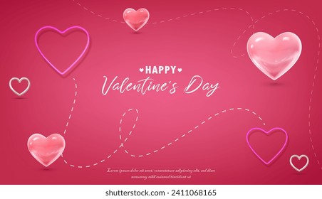 3d realistic vector illustration. Pink background with hearts. Happy Valentine’s Day banner.