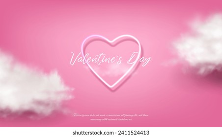 3d realistic vector illustration. Pink background with white clouds and neon glow heart. Happy Valentine’s Day banner.