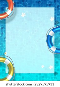 3d realistic vector illustration. Pool party banner top view with lifebyous. 