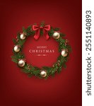 3d realistic vector illustration.  Red celebration banner christmas door wreath with decorations of fir tree, balls and lights with red ribbon.